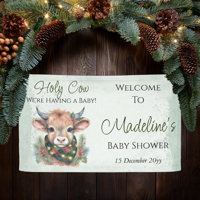Winter Holiday Highland Heilige Kuh Baby Dusche Banner (Winter Holiday Highland "Holy Cow" Evergreen Baby Shower Banner)