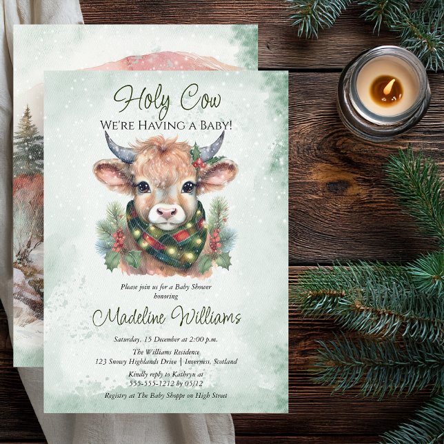 Winter Holiday Highland Heilige Kuh Baby Dusche Einladung (Winter Holiday Highland "Holy Cow" Evergreen Baby Shower Invitation - Print | Digital Download)
