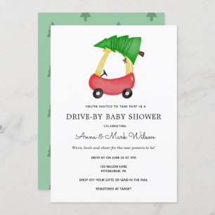 Winter Holiday Red Car Drive by Baby Dusche Einladung