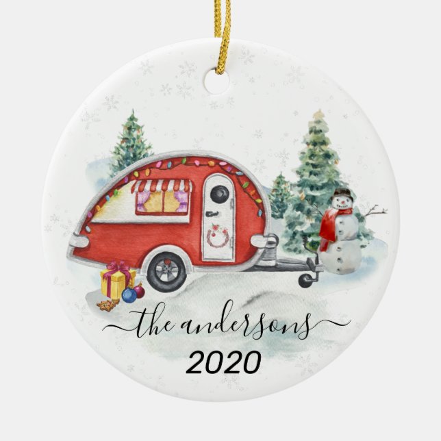 Winter Holiday RV Camper Monogram Family Snow  Keramik Ornament (Vorne)