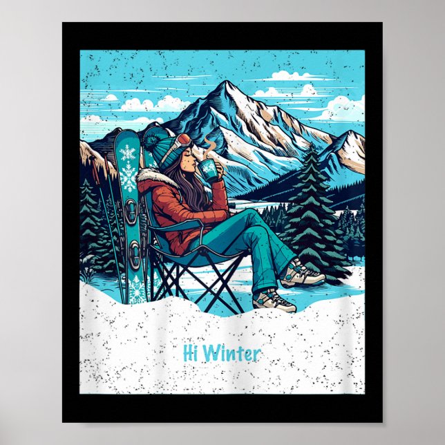 Winter Holiday Skier Woman Drinking Coffee Christm Poster (Vorne)