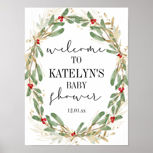 Winter Holly Baby Dusche Begrüßungszeichen Weihnac Poster (Vorne)