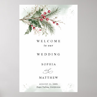 Winter-Holly-Beeren-Wasserfarben-Hochzeitsbegrüßun Poster