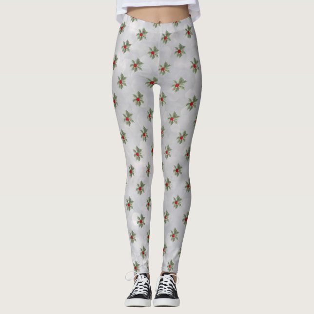 Winter Holly Berry Pattern Leggings (Vorderseite)