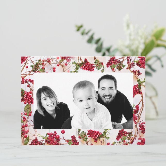 Winter Holly Foto Feiertagskarte (Stehend Vorderseite)