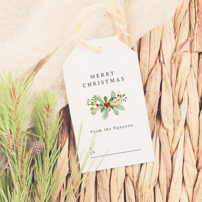 Winter Holly & Pine Weihnachtsgrüße Familienname Geschenkanhänger (Von Creator hochgeladen)