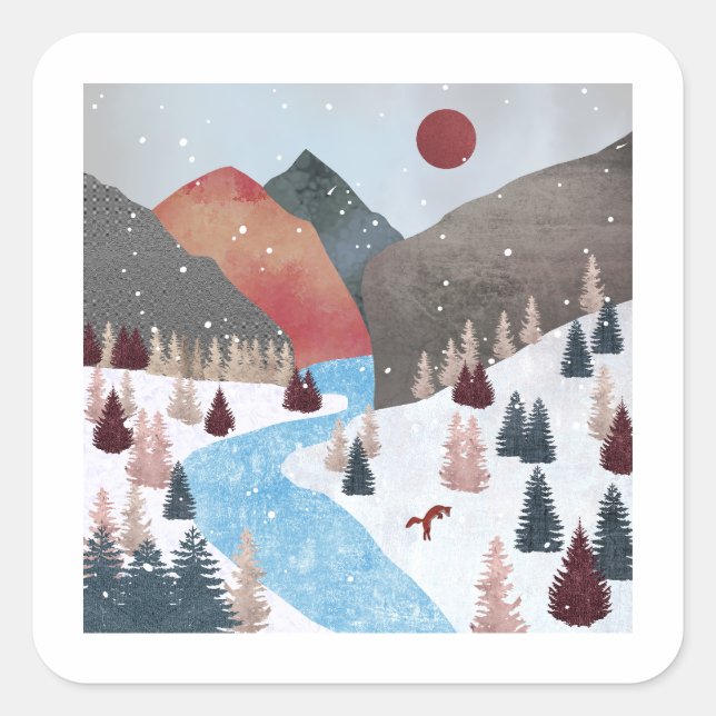 Winter Hunting Fox Quadratischer Aufkleber (Vorderseite)