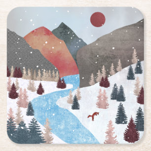 Winter Hunting Fox Rechteckiger Pappuntersetzer