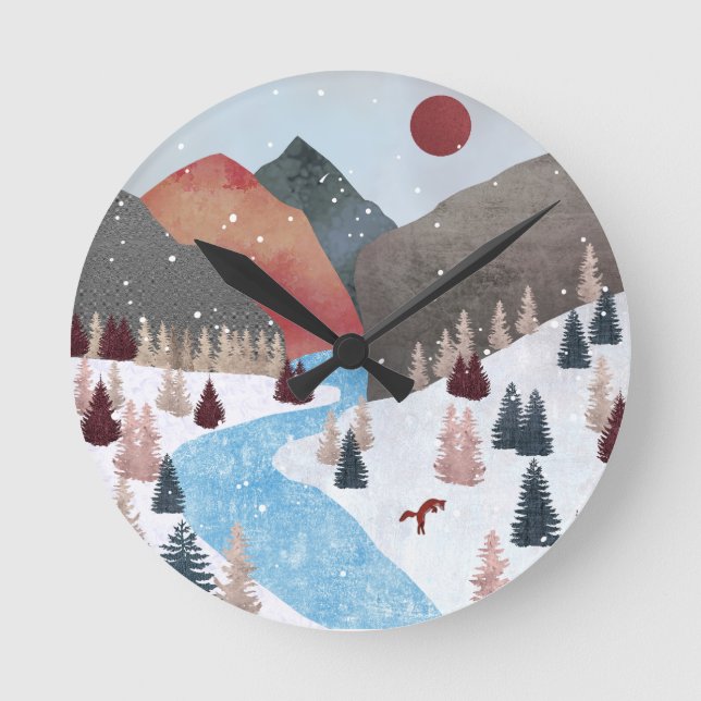 Winter Hunting Fox Runde Wanduhr (Vorderseite)