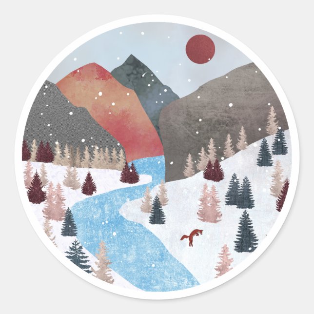 Winter Hunting Fox Runder Aufkleber (Vorderseite)