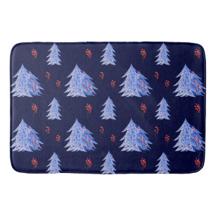 Winter Ice Blue Tree Holly Berries Navy Weihnachte Badematte