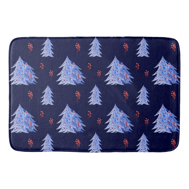 Winter Ice Blue Tree Holly Berries Navy Weihnachte Badematte (Vorderseite)