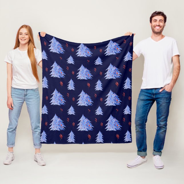 Winter Ice Blue Tree Holly Berries Navy Weihnachte Fleecedecke (Beispiel)