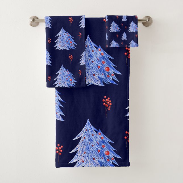 Winter Ice Blue Trees Holly Berries Navy Weihnacht Badhandtuch Set (Insitu)
