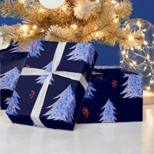 Winter Ice Blue Trees Holly Berries Navy Weihnacht Geschenkpapier