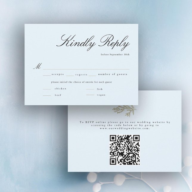 Winter Ice Botanical QR Code MeetingWedding RSVP (ice blue winter wedding rsvp card meal choice qr code gold botanical foliage elegant modern classic)