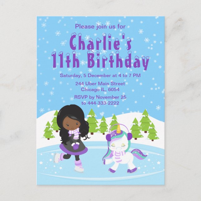 Winter Ice Skaten Birthday African American Girl Postkarte (Vorderseite)