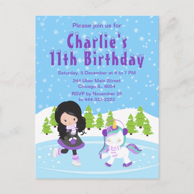 Winter Ice Skaten Birthday Black Hair Girl Postca Postkarte (Vorderseite)