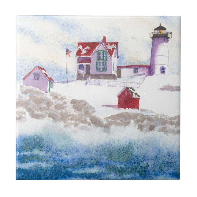 Winter im Nubble LIghthouse in Maine Keramik Tile Fliese (Vorderseite)