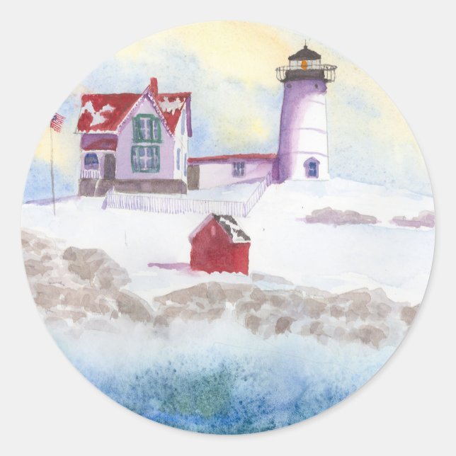 Winter im Nubble LIghthouse in Maine Runder Aufkleber (Vorderseite)