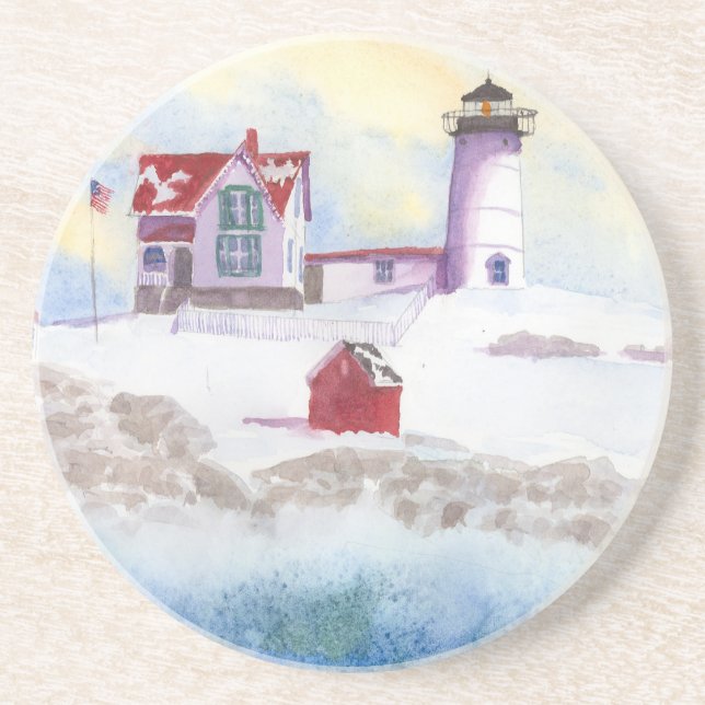 Winter im Nubble LIghthouse in Maine Sandstein Untersetzer (Vorne)