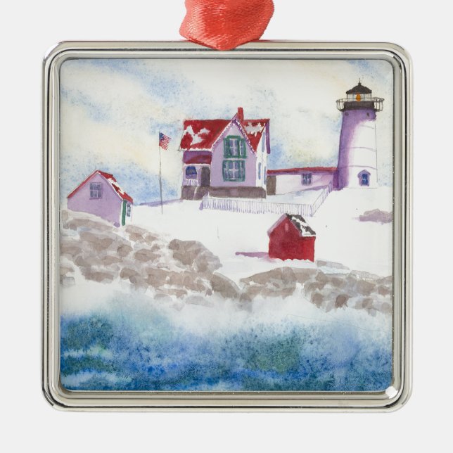 Winter im Nubble LIghthouse in Maine Silbernes Ornament (Vorne)
