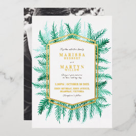 Winter immergrünes Aquarell Hochzeitsgold Folieneinladung