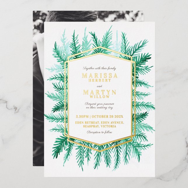 Winter immergrünes Aquarell Hochzeitsgold Folieneinladung (Vorderseite/Rückseite)