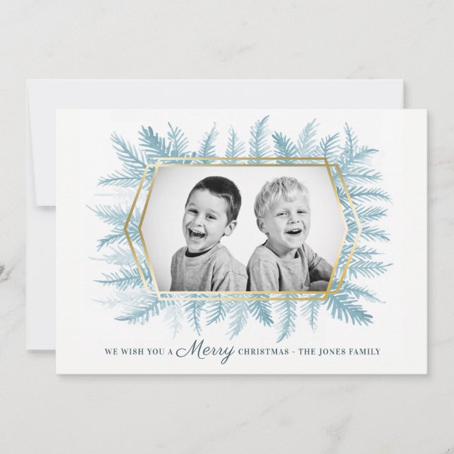Winter immergrünes Blattwasserblau Feiertagskarte (Vorderseite)