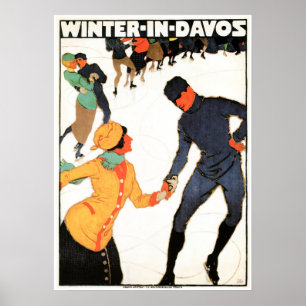 WINTER IN DAVOS Schweizer Ice Skaten Vintager Ski Poster