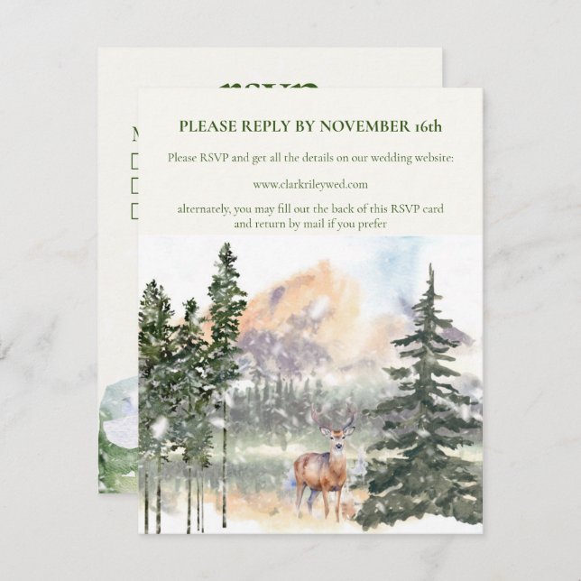 Winter in Evergreen Forest RSVP Card Ankündigung (Vorne/Hinten)