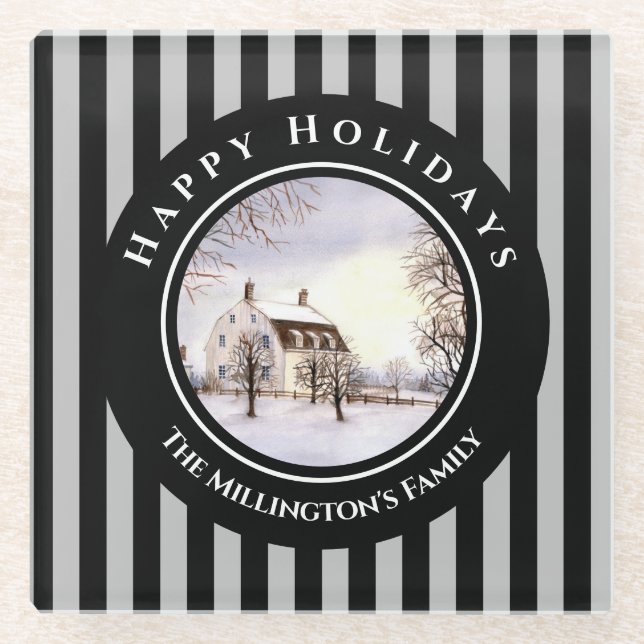 Winter in Neuengland Weihnachts Schwarzer grauer K Glasuntersetzer (Vorderseite)