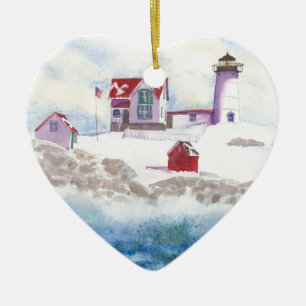 Winter in Nubble LIghthouse Maine Herzverzierung Keramikornament