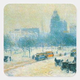 Winter in Union Square von Frederick Childe Hassam Quadratischer Aufkleber