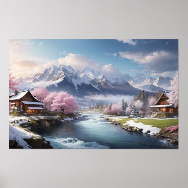 Winter Japanischer Sakura Baum mit Bergblick Poster (Vorne)