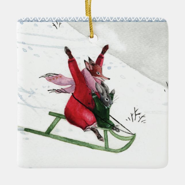Winter Joy Fox Rabbit Roboggange Urlaub Keramikornament (Vorderseite)