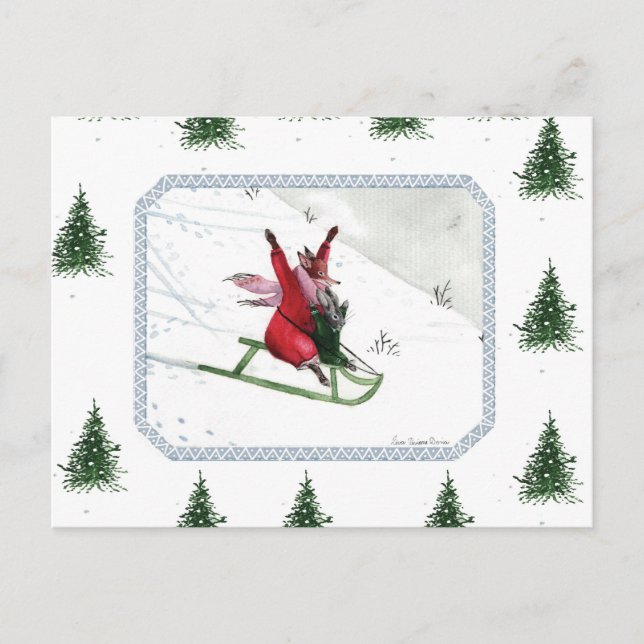 Winter Joy Fox Rabbit Roboggange Urlaub Postkarte (Vorderseite)