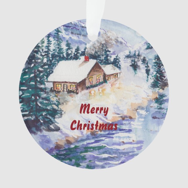 Winter-Kabine auf dem Fluss Painterly Snowscape Ornament (Vorderseite)