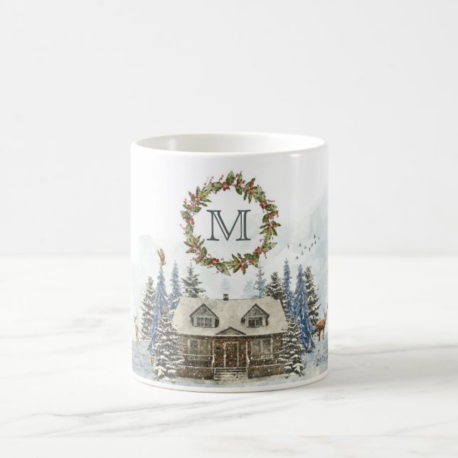 Winter-Kabinen-Waldtiere mit Monogramm Kaffeetasse (Mittel)