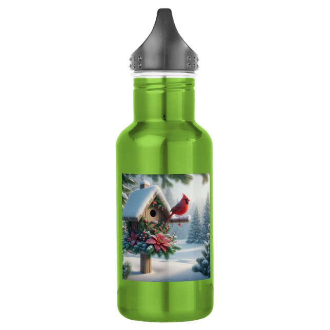 Winter Kardinal auf einem festlichen Geburtshaus Edelstahlflasche (Links)
