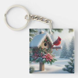 Winter Kardinal auf einem festlichen Geburtshaus Schlüsselanhänger