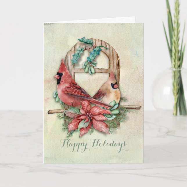 Winter-Kardinals-Paare mit Poinsettia Feiertagskarte (Vorderseite)
