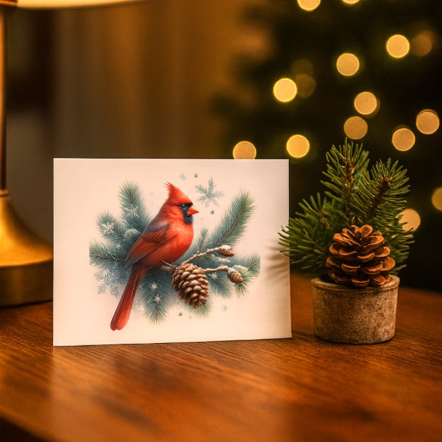 Winter-Kardinalskiefer und Schneeflocken Postkarte (“Watercolor red cardinal on snowy pine with snowflakesa serene winter scene for holiday mailing.”)