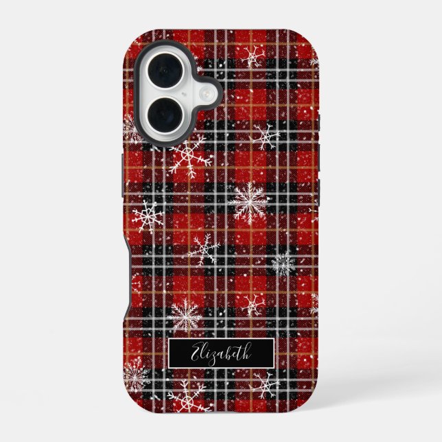 Winter-Karo-Schneeflocken-Schriftname iPhone 16 Hülle (Rückseite)