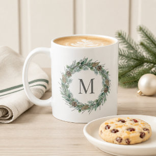 Winter-Kiefer-Tannenzapfen-Kranz Monogramm Kaffeetasse