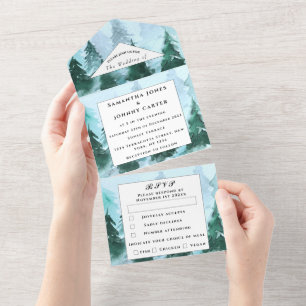 Winter-Kiefernbäume RSVP Aquarell-Wald-Hochzeit All In One Einladung