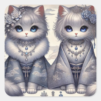 Winter Kimono Princess Cats Quadratischer Aufkleber