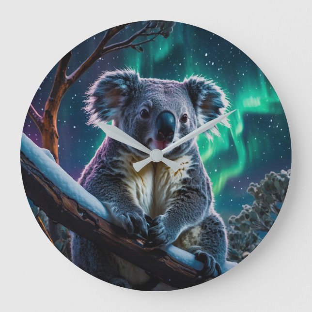 Winter Koala und Südlichter Große Wanduhr (Vorderseite)