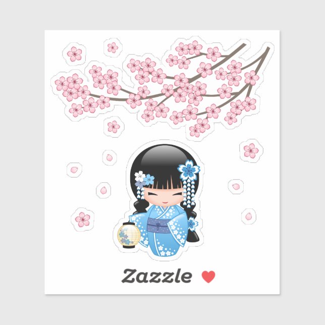 Winter Kokeshi Doll - Blue Kimono Geisha Girl Aufkleber (Blatt)