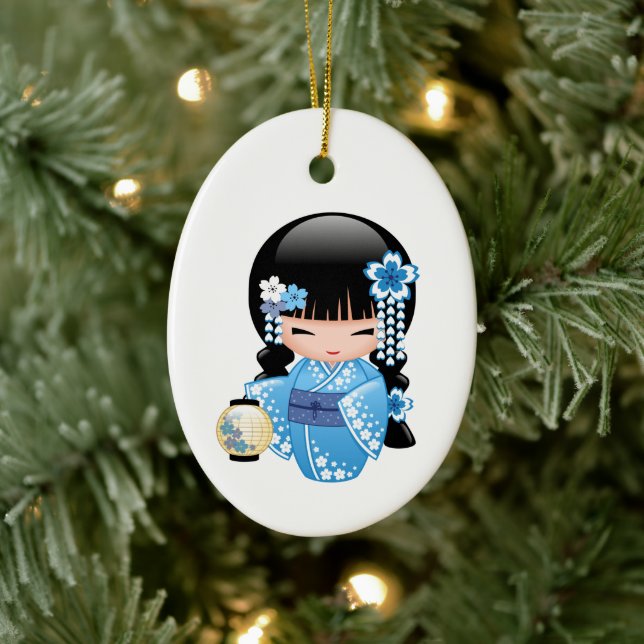 Winter Kokeshi Doll - Blue Kimono Geisha Girl Keramik Ornament (Baum)